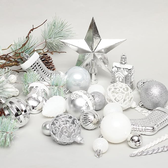 Christmas Tree Ornament Set - 132pcs Silver Ball Decoration, Shatterproof Hanging Ornaments, Large and Small Assortment for Holiday Party Decor