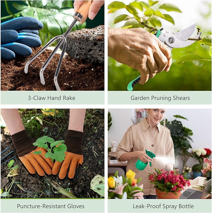Garden Tools Set 10-Piece, Heavy Duty Stainless Steel Garden Hand Tools with Floral Tote Bag - Rust-Proof Garden Tools for Gardening, Gardening Gifts for Women Mom