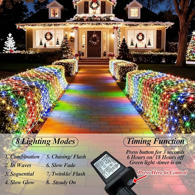 510 LED Christmas Net Lights, 27.9ft x 5ft Mesh Lights Outdoor Clear Wire 8 modes, Waterproof Connectable String Lights Plug in for Xmas Tree Bushes Garden Holiday Party Decorations - Multicolor