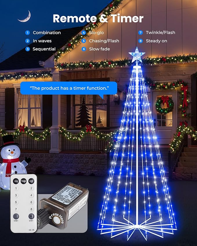 Christmas Cone Tree Light, 7ft 295 LED Light Show Christmas Tree with 8 Modes Timer Remote, Dimmable Artificial Christmas Tree for Porch Yard Patio Indoor Outdoor Xmas Holiday Decor, Blue & White