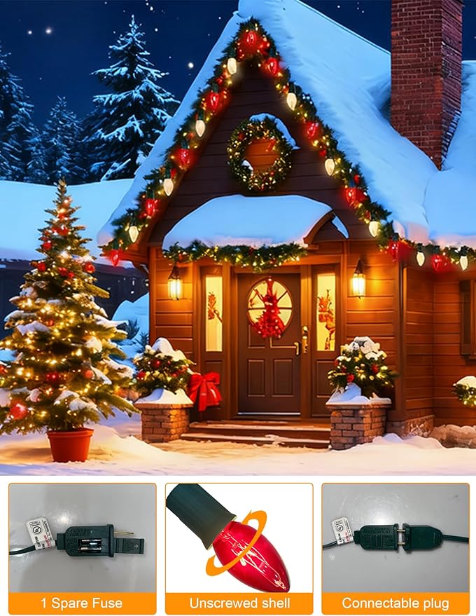 C9 Red and White Christmas String Lights 25Ft C9 Outdoor Christmas Decorations Lights with 26 Red Frosted White Bulbs, Vintage Christmas Light Waterproof for Patio Roofline Party Holiday Garden