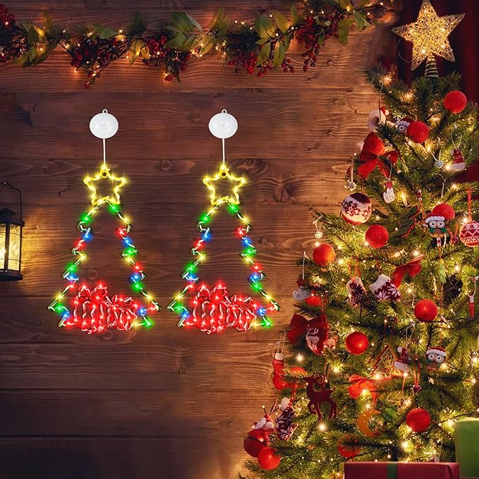 2Packs 14in Christmas Decorations Tree LED Lights with Timer, Battery Operated Christmas Tree Window Silhouette Lights Decorations, Christmas Wall Window Hanging Lights for Indoor Outdoor