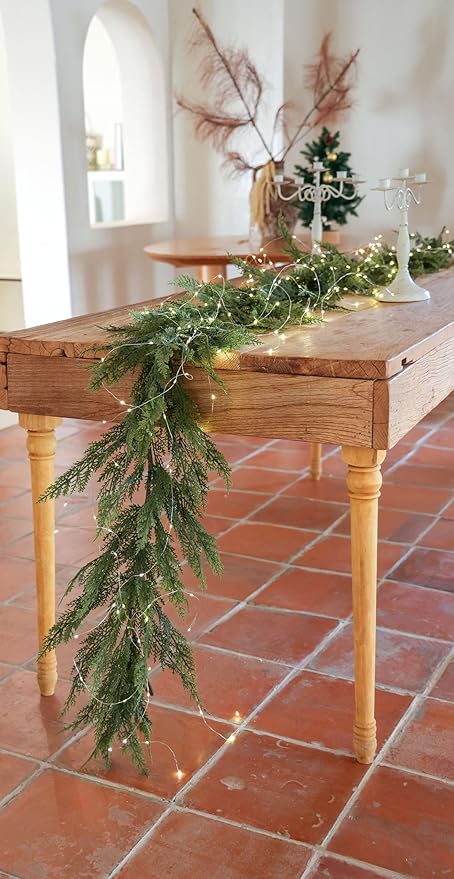 9ft Handmade Christmas Garland with LED String Lights,Cedar Artificial Greenery,Seasonal Garland for Fireplace Winter Holiday Indoor Outdoor Decoration