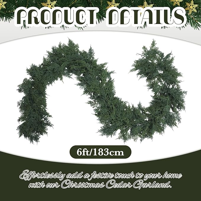 Dingion 2 Pcs 6 ft Christmas Cedar Garland - Artificial Realistic Green Faux Cedar Pine Garland Soft and Thick for Home Table, Mantle, Wall, Door, Indoor & Outdoor Christmas Party Decorations
