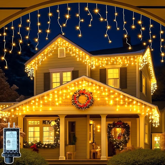131FT 1280 LED Icicle Outdoor String Lights Warm White- Waterproof Christmas Curtain Lights, 11 Modes Twinkle Function for Patio, Wedding, Holiday, Party Decorations