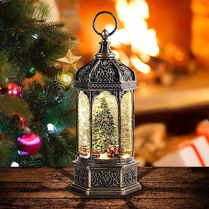 Christmas Snow Globes,Snow Ball Christmas with Music,6H Timer Cylindrical Flashing Snow Ball,Bronze Christmas Music Box Including 8 Songs, Lantern with Christmas Tree