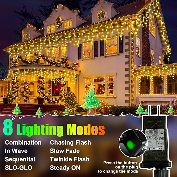 Christmas Lights Outdoor, 98FT 900LED Ice Lights for Outside, Ice String Lights with 8 Modes, Waterproof Timer Memory Hanging Light for Eaves Party Yard Garden(Warm White)
