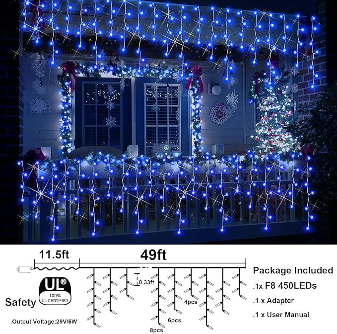 Christmas Lights Outdoor, 98FT 900LED Ice Lights for Outside, Ice String Lights with 8 Modes, Waterproof Timer Memory Hanging Light for Eaves Party Yard Garden(Blue)