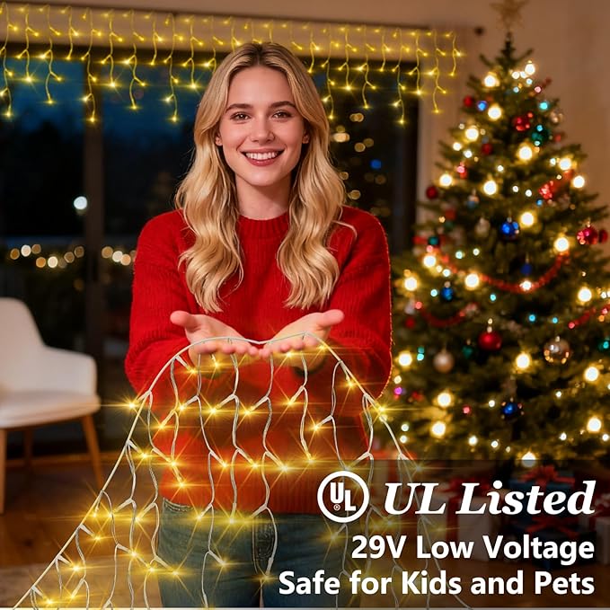 810 LED Christmas Lights Outdoor Indoor, 82ft Warm White String Lights with 180 Drops, 12 Modes Dimmable Curtain Lights with Timer, Waterproof Twinkle Fairy Lights for Bedroom Window Xmas Decor