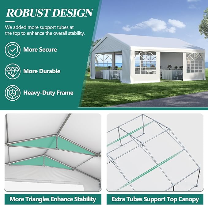 GARTOO 20' x 20' Canopy Party Tent & Carport - Heavy Duty Outdoor Wedding Gazebo with 4 Sand Bags, Event Shelter Canopy for Outdoor Event, Wedding, Birthday Party