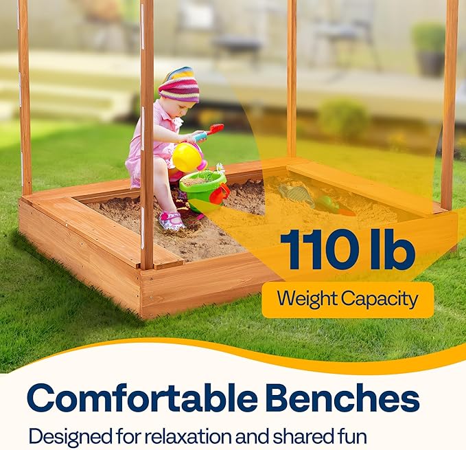 VIVOHOME 58x48in Wood Sandbox with Detachable UV-Blocking Canopy & Ventilation Windows, Spacious Outdoor Play Area with 3 Sturdy Benches, Bottomless Drainage Design for Kids 3+