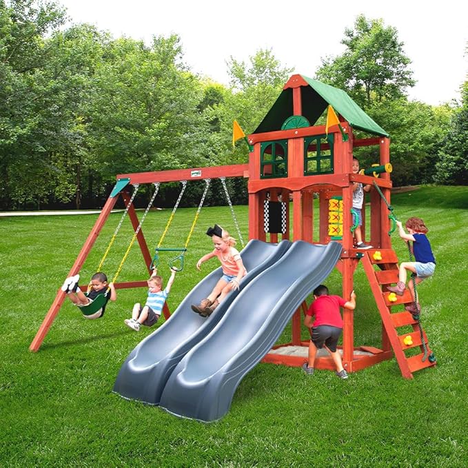 Gorilla Playsets 01-1057-GREY Playmaker Deluxe Wooden Swing Set with Dual Gray Wave Slides, Vinyl Canopy Roof, Swings, and Rock Climbing Wall, Redwood Stained Cedar (Amazon Exclusive)