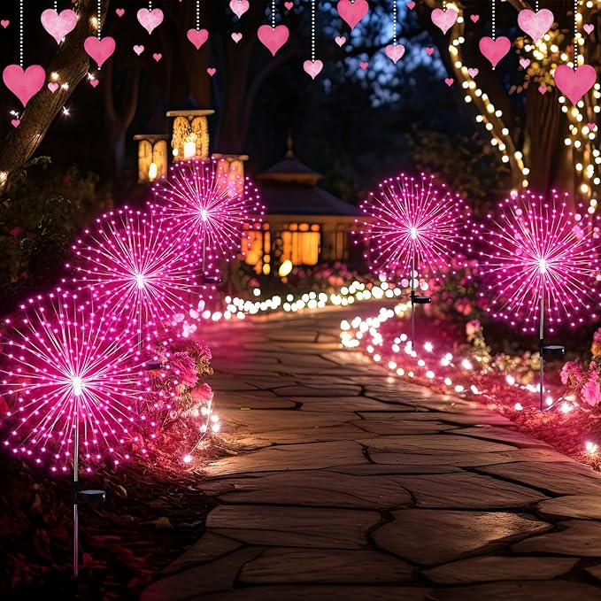 6 Pack Pink Christmas Solar Firework Lights 180 LED 8 Lighting Modes Waterproof Outdoor Decorative Solar Lights for Xmas Wedding Valentine Birthday Garden Patio Yard Pathway Walkway Lawn Decor