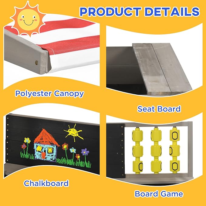 Outsunny Kids Sandbox with Canopy, Bench Seats Wooden Sand Pit, Backyard Toy with Chalkboard, Tic Tac Toe Game, Gift for Girls and Boys, Ages 3-7