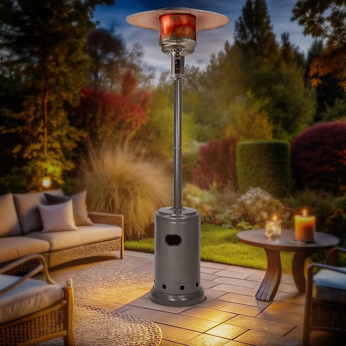 Amazon Basics 46,000 BTU Outdoor Propane Patio Heater with Wheels, Commercial & Residential, Slate Gray, with Water Tank, 32.1 x 32.1 x 91.3 inches (LxWxH)