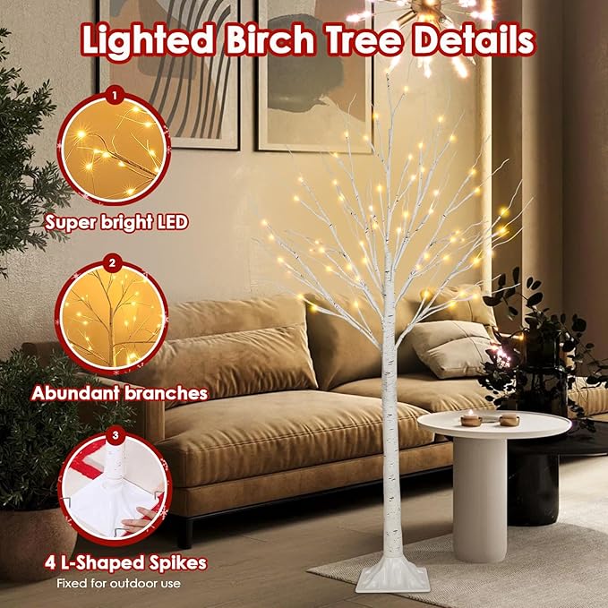 2-Pack 4FT Lighted Birch Tree for Indoor Christmas Decorations Outdoor, Higher Size, Timer Function Birch Christmas Tree with 96 LED Warm White Lights for Home Decor Bedroom Thanksgiving Party Garden