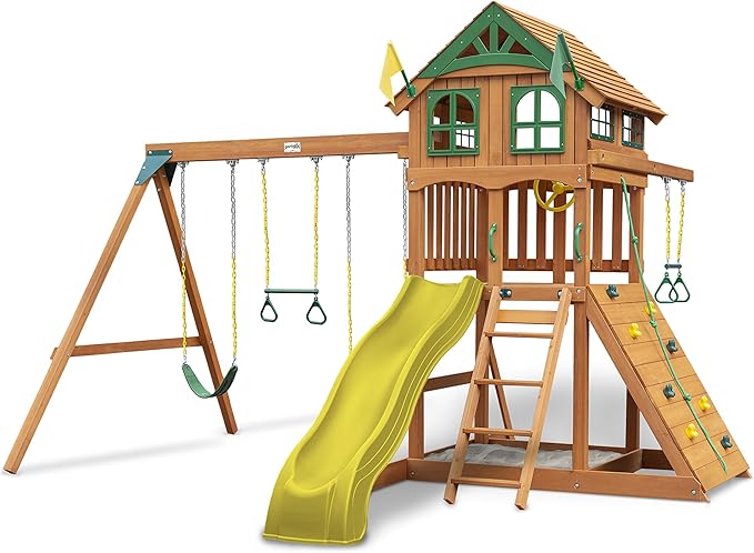 Gorilla Playsets 01-1066-Y Outing Wood Swing Set with Wood Roof and Trapeze Arm - Yellow Slide