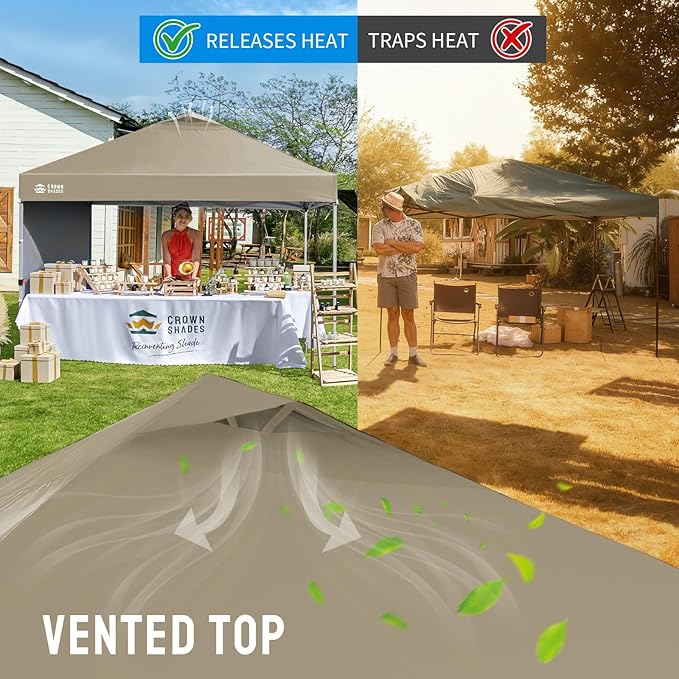 CROWN SHADES 12x12 Pop Up Canopy Tent Instant Commercial with 150D Silver Coated Fabric Including 1 Removable Sidewall, 4 Ropes, 8 Stakes, Weight Bags, STO 'N Go Bag, Beige
