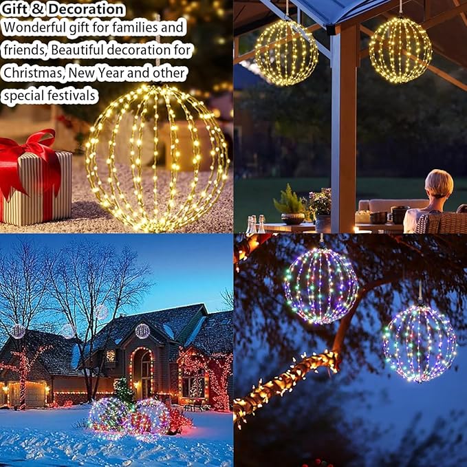 Outdoor Hanging Lighted Sphere Solar, Christmas Decoration Light Balls, 2 in 1 Warm White and Multicolor Chandelier, 208 LED 16" Large Iron Frame Foldable Globe for Patio Tree Gazebo Decor (2PK Solar)