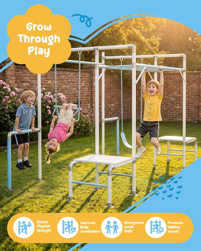 Outdoor Jungle Gym with Monkey Bars Frame, Climbing Set, Trapeze Swing Bar, Belt Swing, Kids Gymnastics Bars, Playground Set with Powder Coated Galvanized Steel for Backyard, Garden, White