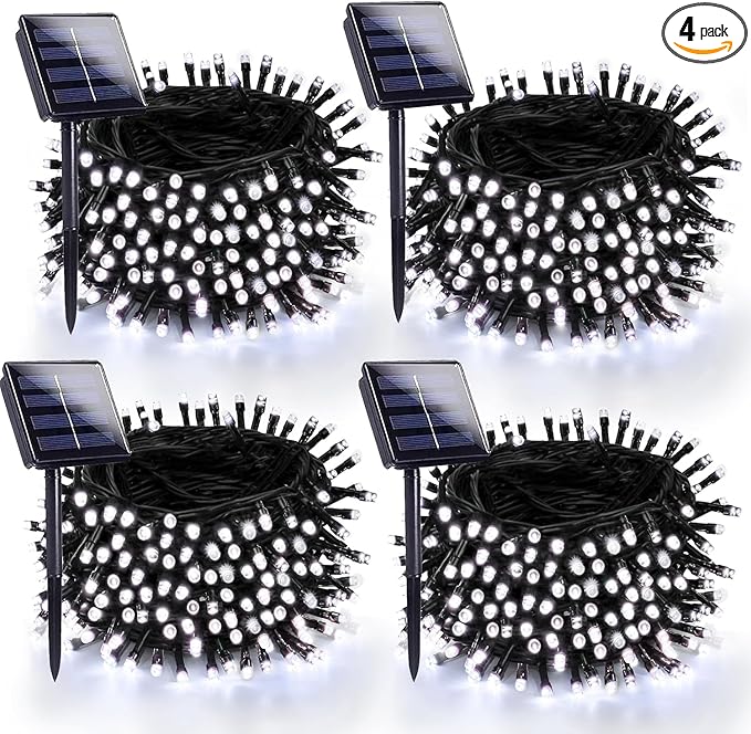4 Pack 180FT Solar Christmas Lights Outdoor Waterproof, Super Bright 320 LED Solar String Lights with 8 Lighting Modes, Green Wire Solar Twinkle Fairy Lights for Outside Tree Xmas Party(Cool White)