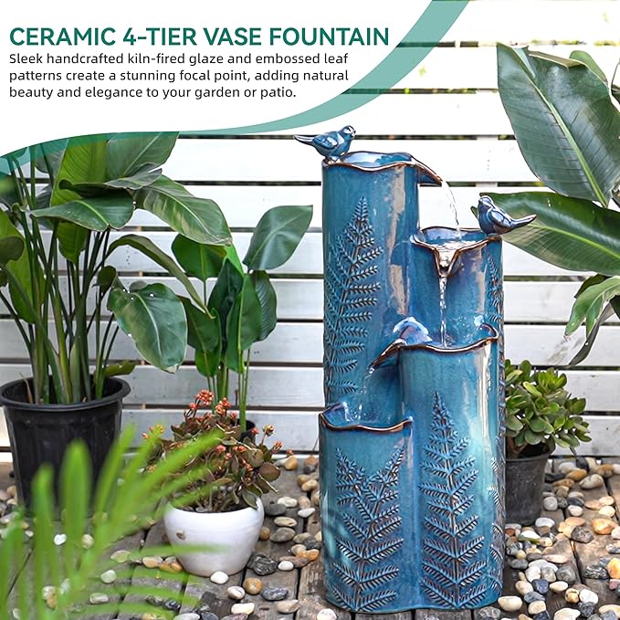 Autodaya 32" Tall Outdoor Fountain, Ceramic Vase Water Fountain withs Lights, 4-Tier Waterfalls with Birds, Tranquil Oasis for Garden Patio Yard Deck Balcony Decor, Tropical Fern, Turquoise Glaze