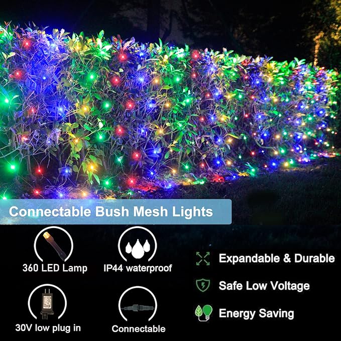 OYCBUZO 360LED Colorful Christmas Net Lights, 21ft x 5ft Connectable String Mesh Lights 8 Modes, Waterproof Christmas Light Outdoor for Xmas Tree Bushes Garden Holiday Party - Multicolour