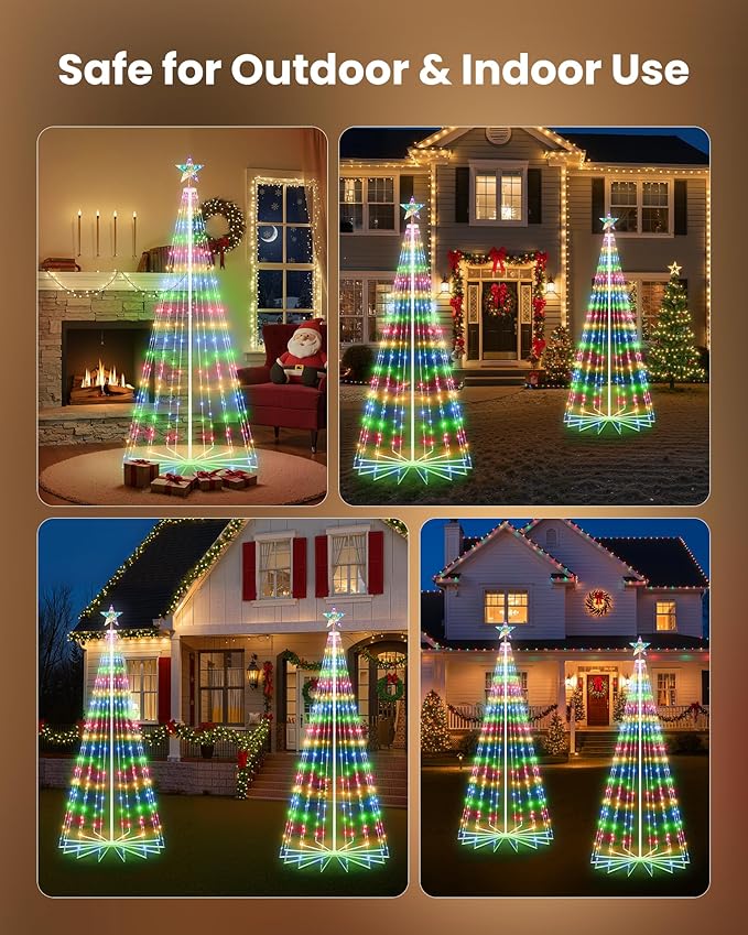 LED Christmas Cone Tree Light, 6ft 265 LED Outdoor Lightshow Christmas Tree with 8 Modes Timer Remote, Artificial Christmas Tree with Star Topper for Porch Yard Patio Indoor Decorations, Multicolor