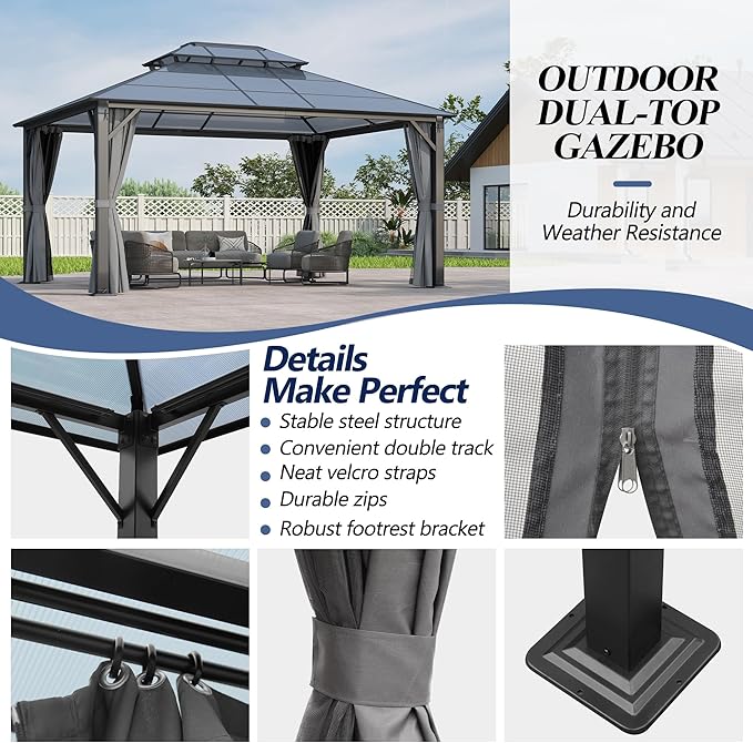 GARTOO 12x14FT Polycarbonate Hardtop Gazebo with Double Roof - Heavy-Duty Steel Frame Gazebo with Breathable Netting & Privacy Curtain for Patio, Porch, Garden, Lawn, Deck, Backyard