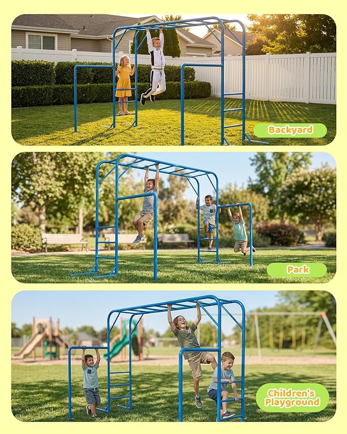 Outdoor Monkey Bar Set with Climbing Frame, Gymnastics bars, Playground Sets for Backyards, Metal Monkey Bars for Kids Ages 3 and Up, Backyard Playground Set with Powder Coated Steel, Blue