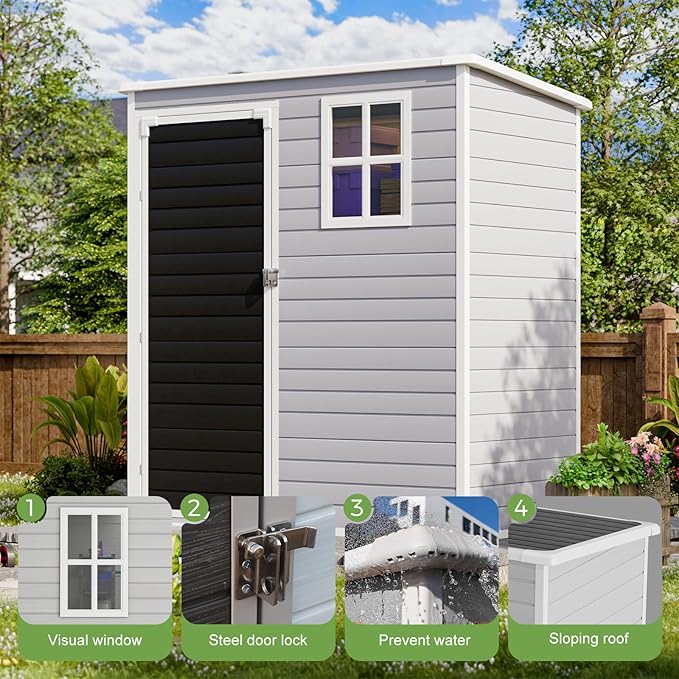 HUSFU 5x3 FT Outdoor Storage Shed with Floor and Lockable Door,Waterproof Resin Tool Shed for Garden, Backyard, Patio,Perfect to Store Patio Furniture,Weather-Resistant, Light Grey