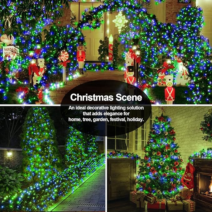 403 FT 1000 LED Christmas Lights Outdoor Fairy Lights Plug In Extra Long String Lights Clear Wire Waterproof 8 Modes Timer for Outside House Tree Garden Yard Wedding Party Decorations-Blue and Green