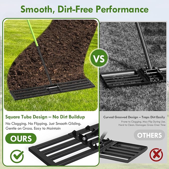 Seeutek Lawn Leveling Rake, 45” x 10” Lawn Leveler with 6.5FT Durable Handle Rakes for Lawns, 0-180° Adjustable Ground Leveler Tool for Yard, Level Soil Sand Dirt Surfaces
