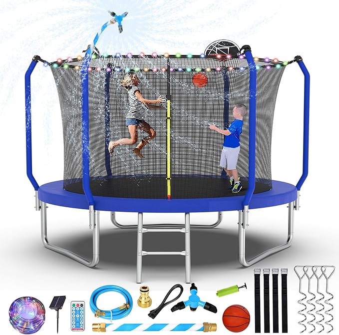 Lyromix Upgraded Trampoline 8FT/10FT/12FT/14FT With Basketball Hoop, Light, Sprinkler, Stakes - Outdoor Backyard for 4-6 Kids and Adults