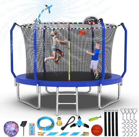 Lyromix Upgraded Trampoline 8FT/10FT/12FT/14FT With Basketball Hoop, Light, Sprinkler, Stakes - Outdoor Backyard for 4-6 Kids and Adults