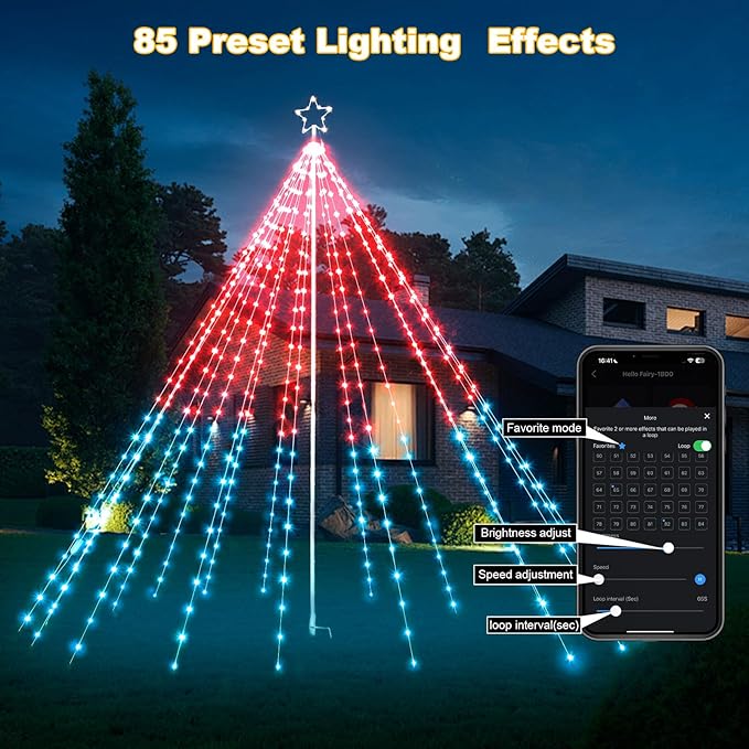 12Ft 478LEDs Outdoor Christmas Tree Waterfall Lights with Pole, Cascading Twinkle Light for Yard, Color Changing RGB, Smart App/Remote Control, Timer, Waterproof, Giant Outside Xmas Decor
