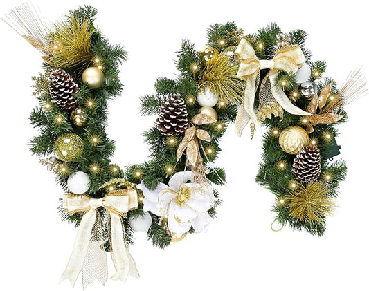 WBHome Pre-lit 6 Feet/72 Inch Christmas Garland, White & Gold Lighted Garland with 35 LED Lights for Indoor Outdoor Xmas Decor Holiday Decorations, Battery Operated (Batteries NOT Included)