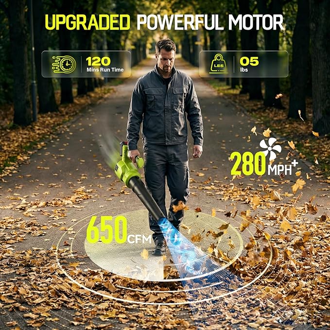 Leaf Blower Cordless, Upgraded 650 CFM 280 MPH, 21V Electric Cordless Leaf Blower with 2 x 4.0Ah Batteries and Charger, Battery Powered for Lawn, Yard and Patio