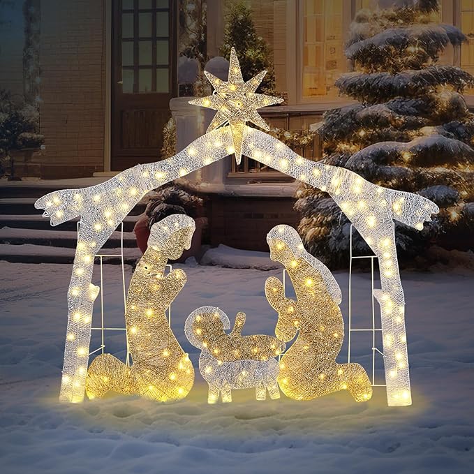 Yescom 6Ft Manger Nativity Scene Outdoor Garden Jesus Decoration Christmas Pre-lit 3D Artificial for Patio Yard Party Event Holiday Display with 190 LED Lights Silver Warm White