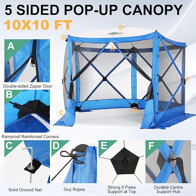 COBIZI 10x10 Pop up Gazebo Screen House Tent for Camping, Pop-up Camping Canopy with Sidewalls,Portable Outdoor Quick-Set Hub Tent with Carrying Bag&Ground Stakes,Blue(Upgraded 2.0)