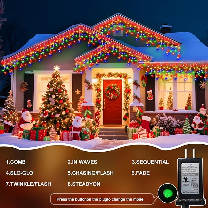 66 Ft Ice Lights for Outside, 640 LED Christmas Lights Outdoor Plug in, Christmas String Lights with 8 Modes & Timer for Holiday, Party, Wedding, House, Patio, Outdoor Decor(Multicolor)