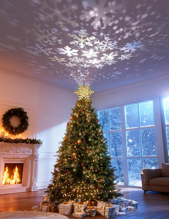 DG-Direct Christmas Tree Topper Lighted with Golden Snowflake Projector, Led Rotating Magic Snowflake, 3D Hollow Glitter Lighted Gold Snow Tree Topper for Christmas Tree Decorations