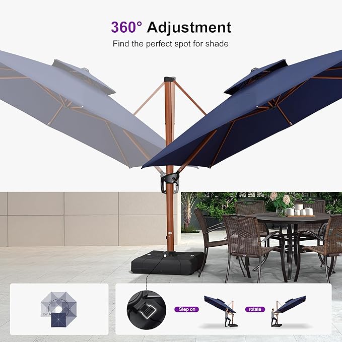 PURPLE LEAF 9' X 12' Double Top Deluxe Wood Pattern Rectangle Patio Umbrella Offset Hanging Umbrella Outdoor Market Umbrella Garden Umbrella, Navy Blue