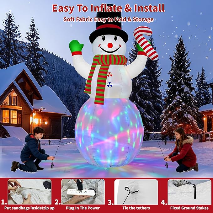 12FT Christmas Inflatables Snowman Outdoor Decorations, Giant Christmas Blow Up Snowman Inflatable in Waving Pose with Candy Cane, Rotating Colorful LED Light for Holiday Party Garden Yard Deco