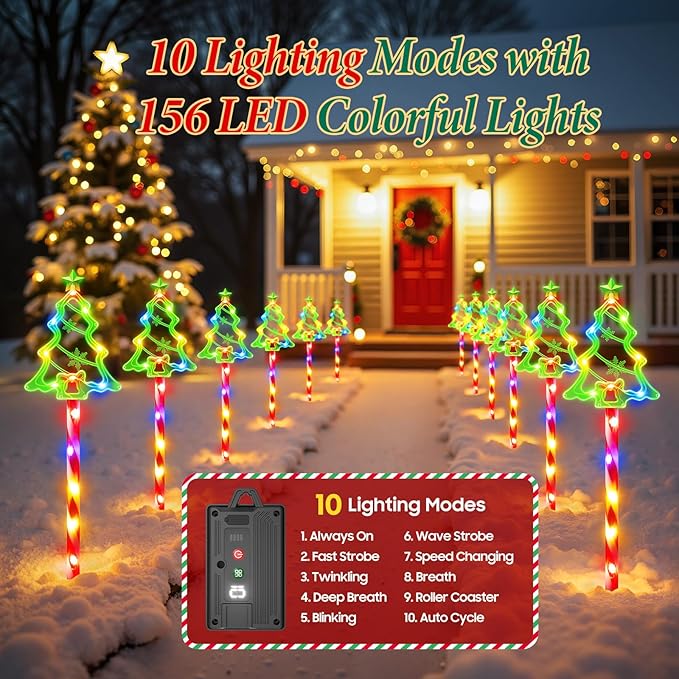 12 Pack Christmas Decorations Outdoor, Solar Christmas Tree Lights with 156 Bright LED and 10 Lighting Modes, 7 Colorful Waterproof Xmas Decor for Pathway Yard