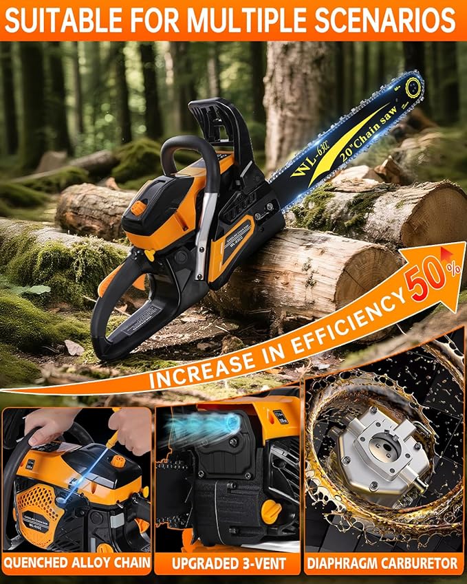 63CC Gas Powered Chainsaw 20 Inch, 2-Cycle Engine with 2 Chains & Bars, Heavy Duty Gas Chain Saw for Tree Felling, Logging, and Firewood Cutting (WTH994)