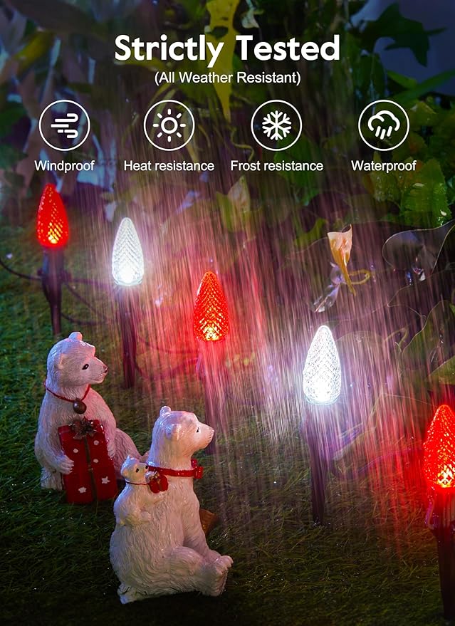 Christmas Pathway Lights Outdoor, 2 Pack 26 Ft 20 LED C9 Strawberry String Lights with Stakes, Connectable Waterproof Outside Christmas Lights Marker for Path, Lane, Patio Decor, Red & Pure White