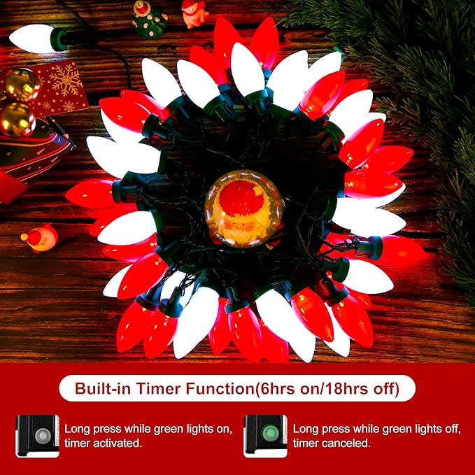 HAYATA C9 Bulbs Classic Christmas Lights - 50 LED 32ft Strawberry String Light Red&White - Extendable 8 Modes Funtion with Timer Fairy Lighting for Outdoor, Indoor, Party, Home, Tree Decorations