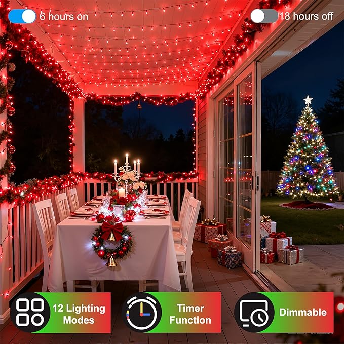 350LED 90FT Christmas Lights Indoor Outdoor, 12 Modes Red Outdoor String Lights with Timer Dimmable, Waterproof Green Wire Christmas String Lights for Tree Xmas Patio Fence Balcony Garden Party Decor