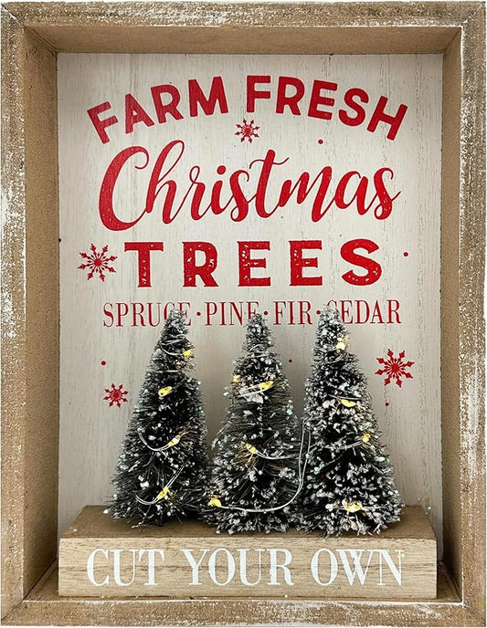 Christmas Decorations for Home Farmhouse LED Lighted Farm Fresh Christmas Tree Decor with Timer Wooden Table Winter Sign Winter Vintage Holiday Block Vintage Holiday Block Xmas Party Decor
